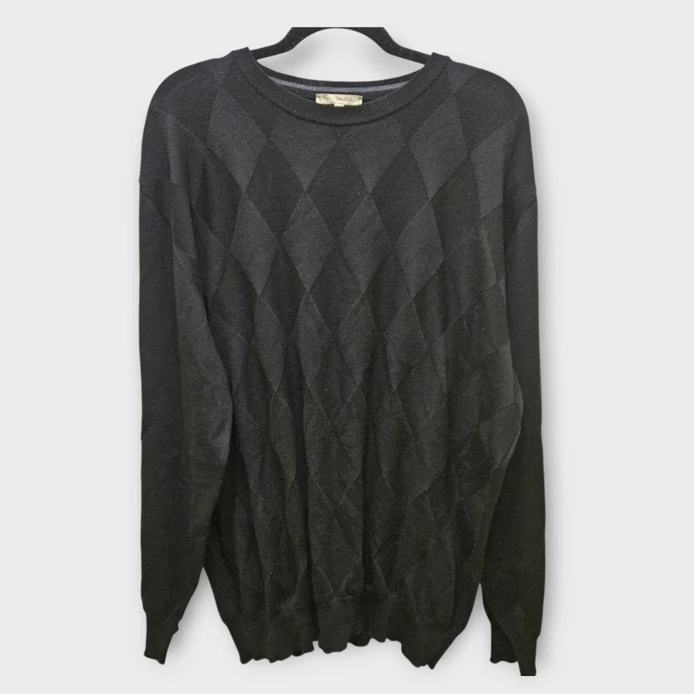 Enzo Montovani Mens XXL Black Argyle 100% Merino ExtraFine Wool Sweater Italy